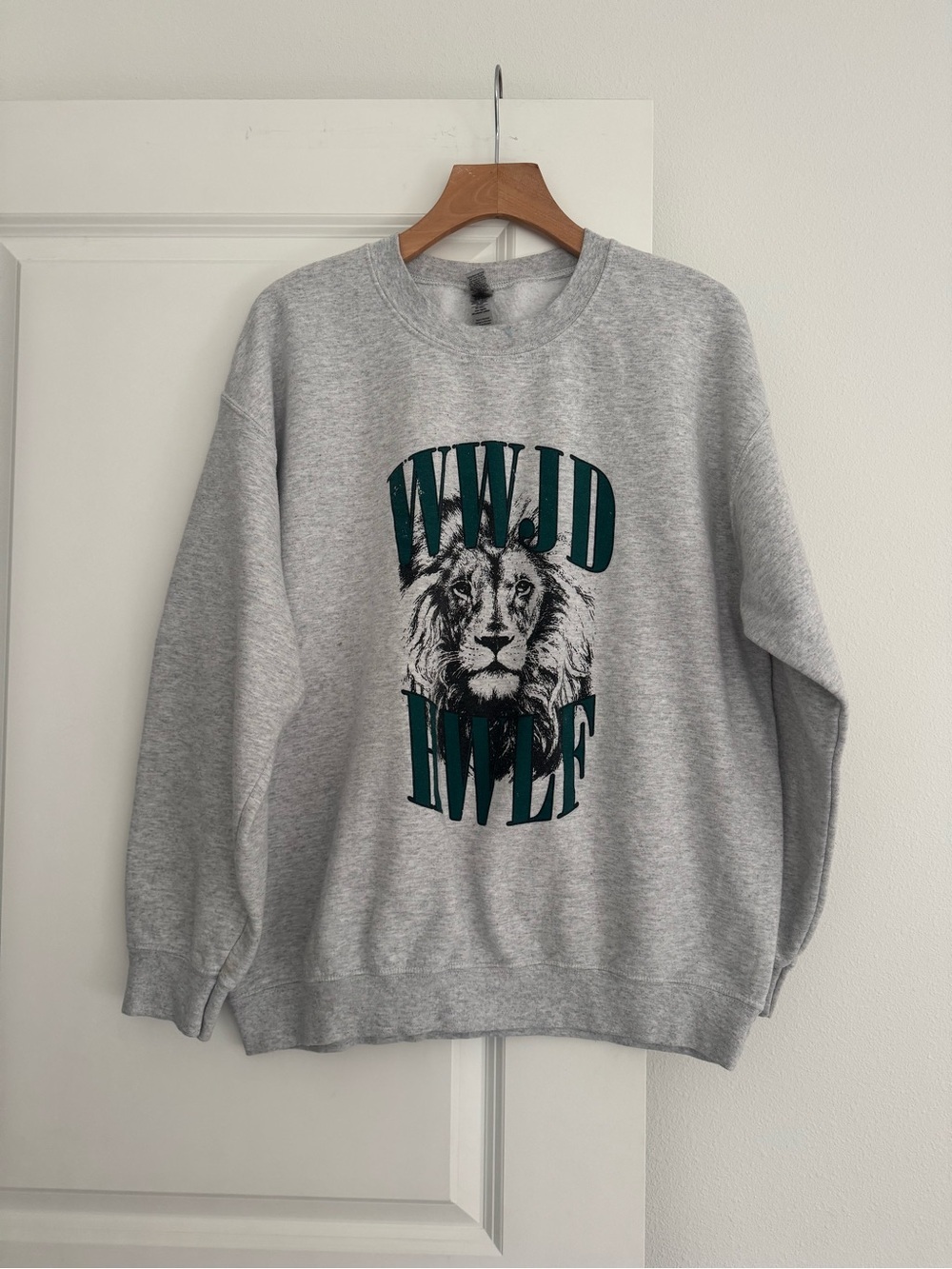 WWJD women’s gray colored crewneck lion faith sweatshirt sweater size large